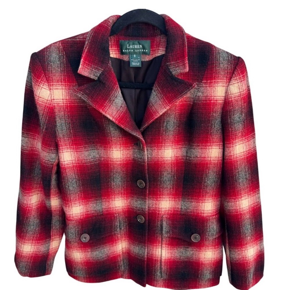 Vintage Lauren Ralph Lauren Red Black Cream Plaid Wool Western Barn Jacket SZ: 8